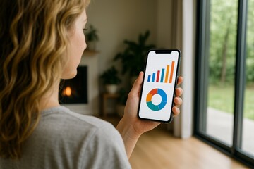 Woman analyzing colorful data charts on smartphone screen in cozy home interior near window with garden view, concept of eco-friendly smart energy use. Ai generative