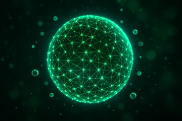 Glowing green digital sphere made of interconnected points and lines representing eco energy concept in futuristic technology environment. Ai generative