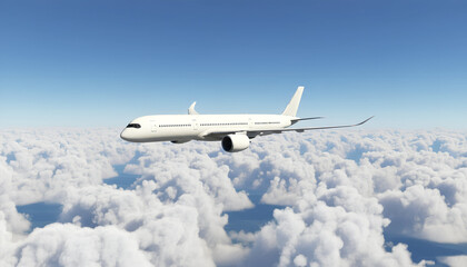 White Airplane Airbus A350 Modern Passenger Jet Plane Flying Above the Clouds with Blue Sky side view