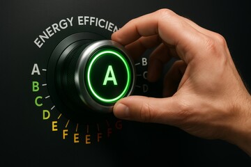 Hand adjusting dial to green energy efficiency rating A, symbolizing eco-friendly environment and sustainable power concept in modern technology interface. Ai generative