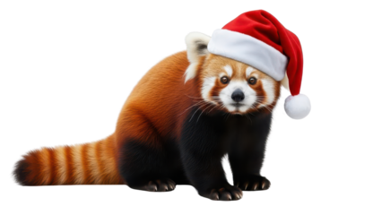 Cute Red Panda Wearing Santa Hat for Christmas Holiday Celebration isolated PNG with Transparent Background