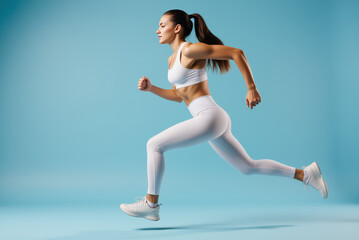 Fototapeta premium Female Athlete Running – Dynamic Fitness Pose in White Sportswear for Empowerment, Wellness Blogs, and International Women's Day Inspiration