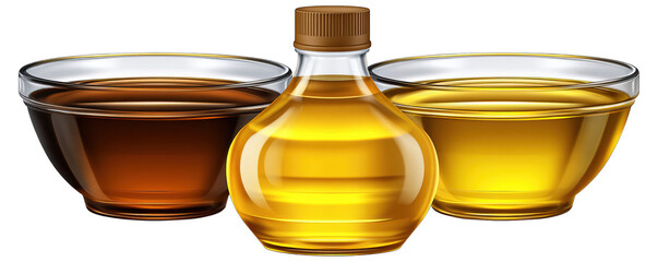 Three glass bowls and a bottle filled with different colored oils on a white background