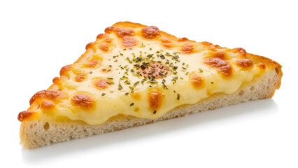 Slice of cheese pizza with herbs on white background