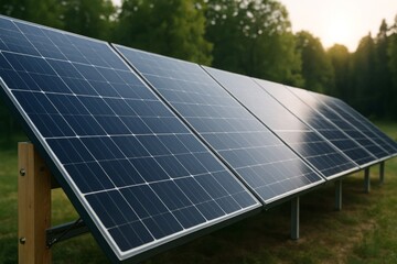 Solar panel installation in a green field at sunset highlighting eco friendly energy and sustainability concept for environmental awareness and future. Ai generative