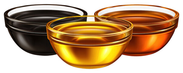 Three transparent glass bowls filled with colored liquid on a white background viewed from the front