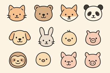 Fototapeta premium Collection of cute flat animal face icons including cat bear fox and panda