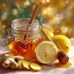 Honey, lemons, and ginger arranged on a table with a honey dipper