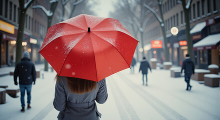 Solitary Woman with Red Umbrella &ndash; Snowy Winter Street Scene for Seasonal Mood, Emotional Travel Blogs, and Atmospheric Photography