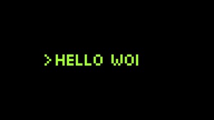 8-bit pixel art neon green hello world text on black terminal screen. looped animation 4k 30fps