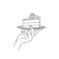 Icon of a beautiful woman's hand holding a plate with a piece of cake representing concepts of indulgence and dessert