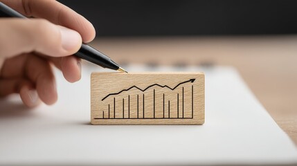 Hand holding a pen over a block with financial graphs engraved.
