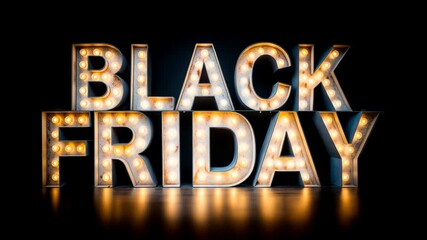 Golden illuminated black friday letters shine on reflective surface in dark space symbolizing premium discount season exclusive offers and glamorous shopping excitement