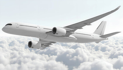 White Airplane Airbus A350 Modern Passenger Jet Plane Flying Above the Clouds with Blue Sky side view low angle