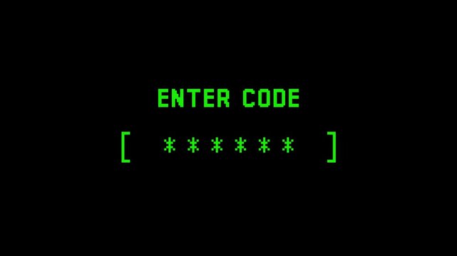8-bit pixel art neon green enter code text on black background. looped animation 4k 30fps