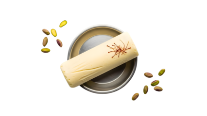 Kulfi traditional indian frozen dessert on plate with pistachios and saffron