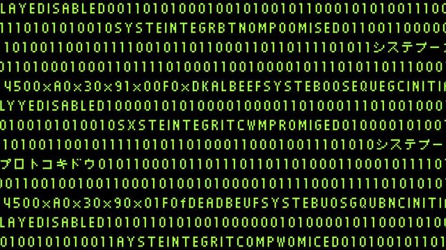 8-bit pixel art neon green digital random number and katakana text. looped animation 4k 30fps