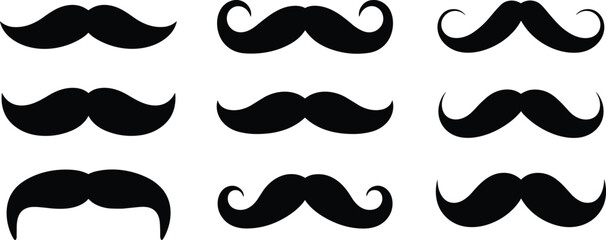Collection of nine black mustache silhouettes in various styles on white background moustache facial hair