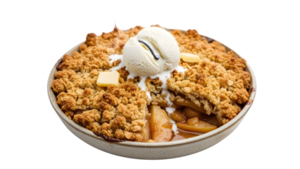 Warm apple crumble with a scoop of vanilla ice cream and butter