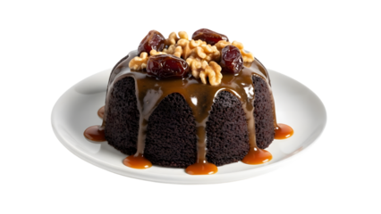 Rich chocolate pudding cake with dates walnuts and a caramel drizzle
