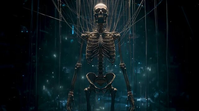 Human skeleton suspended upright with glowing particles and vertical cables in dark digital environment