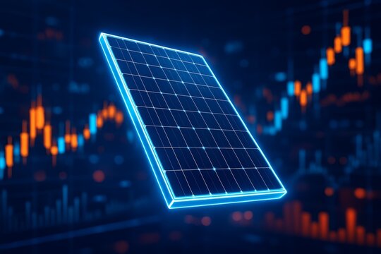 Futuristic glowing solar panel with digital stock market chart background illustrating eco energy investment and green sustainable technology concept. Ai generative - Powered by Adobe