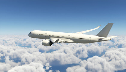 White Airplane Airbus A350 Modern Passenger Jet Plane Flying Above the Clouds with Blue Sky side view