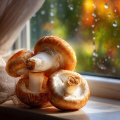 Fresh brown mushrooms on a wooden table by a rainy window