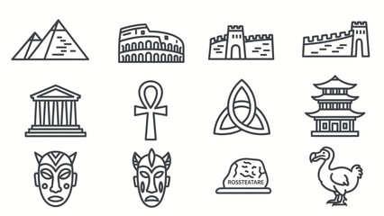 Fototapeta premium Ancient Civilizations and Historical Landmark Icons Set.