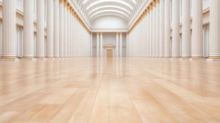 A grand interior space featuring tall columns and a polished wooden floor, ideal for showcasing elegance and sophistication, Perfect for architectural presentations, event promotions