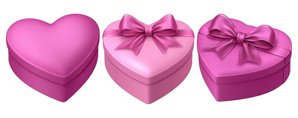 Three heart-shaped gift boxes with pink hue and ribbon on a white background
