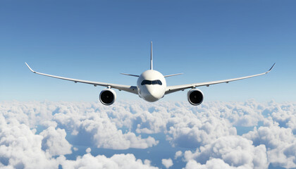 White Airplane Airbus A350 Modern Passenger Jet Plane Flying Above the Clouds with Blue Sky front view