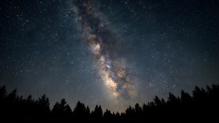 Breathtaking night sky with Milky Way shining over forest