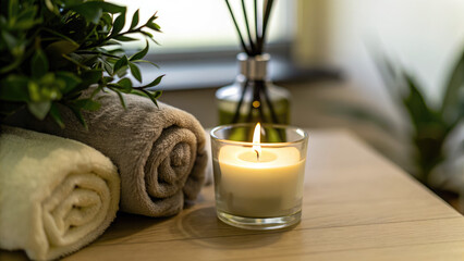 Clear glass candle jar with container burning concept. Serene spa setup with towels, candle, and essential oil diffuser.