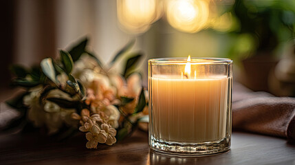 Clear glass candle jar with container burning concept. Tranquil ambiance created by a lit candle and fresh flowers.