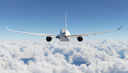 White Airplane Airbus A350 Modern Passenger Jet Plane Flying Above the Clouds with Blue Sky rear back view