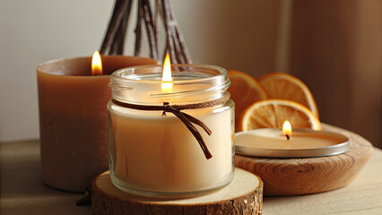 Vanilla scented candle burning on beige background concept. Tranquil candle arrangement with natural elements and warm light.
