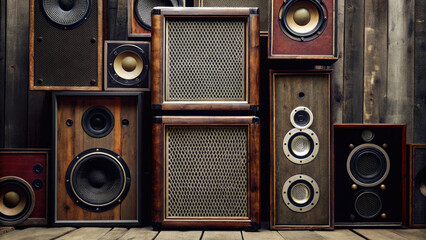 Stack of old wooden speaker cabinets concept. Stacked vintage speakers against a rustic wooden backdrop.