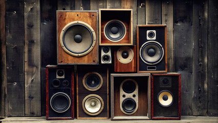 Stack of old wooden speaker cabinets concept. Vintage speakers arranged against a rustic wooden background.