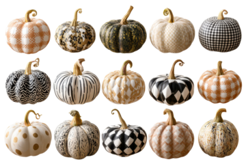 Decorative pumpkins in various patterns and colors arranged in a simple display for autumn decoration