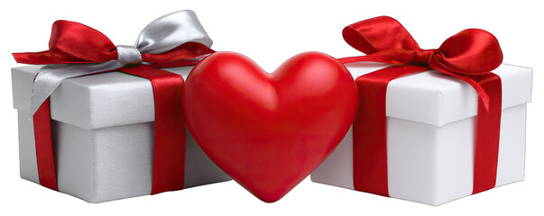 Two gift boxes with red ribbons and a heart in between on a white background