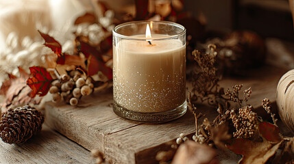 Vanilla scented candle burning on beige background concept. Warm candlelight glow surrounded by autumn decorations.