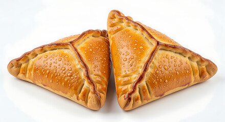 Two golden brown triangular pastries with bubbly crusts
