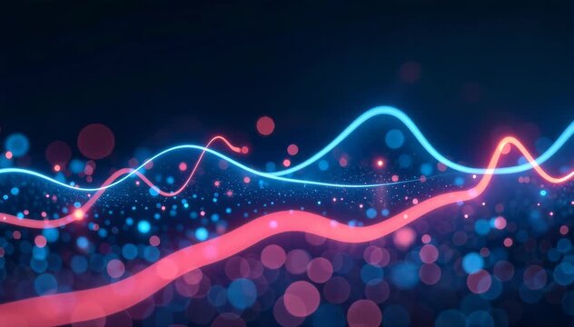 Neon holographic growth line hovering over dark grid floor 