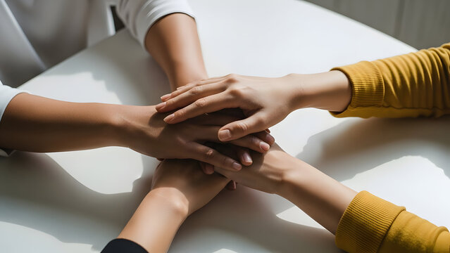 Diverse group of people joining hands in a symbol of unity and support
