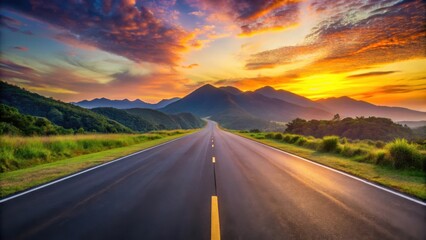 Asphalt ribbon unwinding towards a vibrant sunset over majestic mountains, a picturesque journey ahead