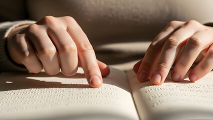 Close up of hands reading an open book with fingers tracing the text