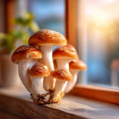 Cluster of mushrooms on a wooden windowsill in warm sunlight