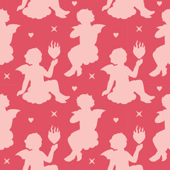 A bright anti-Valentine's Day concept seamless background featuring silhouette hearts in flames and devil cupids. A flirty, scarlet tone backdrop
