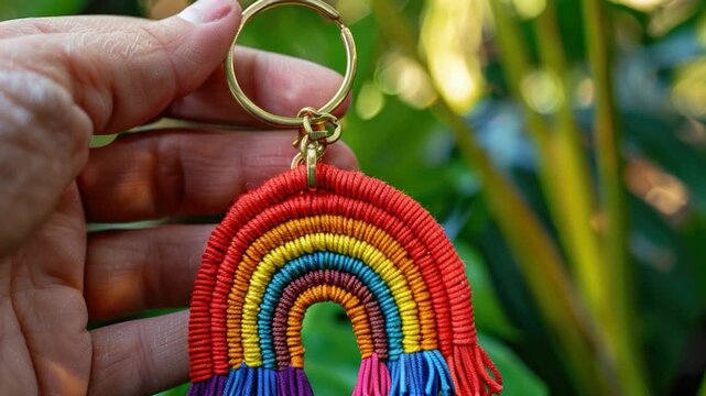 Video A person holding a colorful keychain with a rainbow design, perfect for use in s about diversity and inclusivity